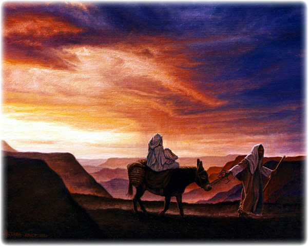 Flight into Egypt, original oil painting on canvasboard by L. Lovett, size 16 x 20 inches, August 1990