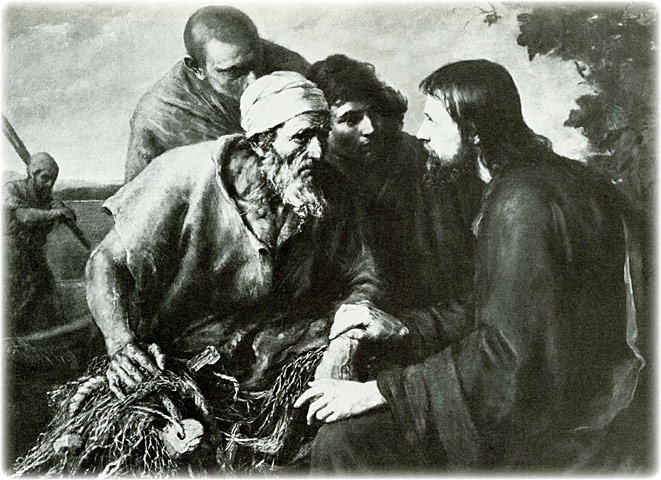 Christ and the Fishermen, Jesus Teaching Zebedee and His Two Sons James and John, original oil painting on canvas by Ernst Karl Zimmermann, 1852-1899