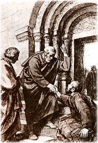 Peter Heals Lame Beggar at Beautiful Gate, original drawing by unknown artist